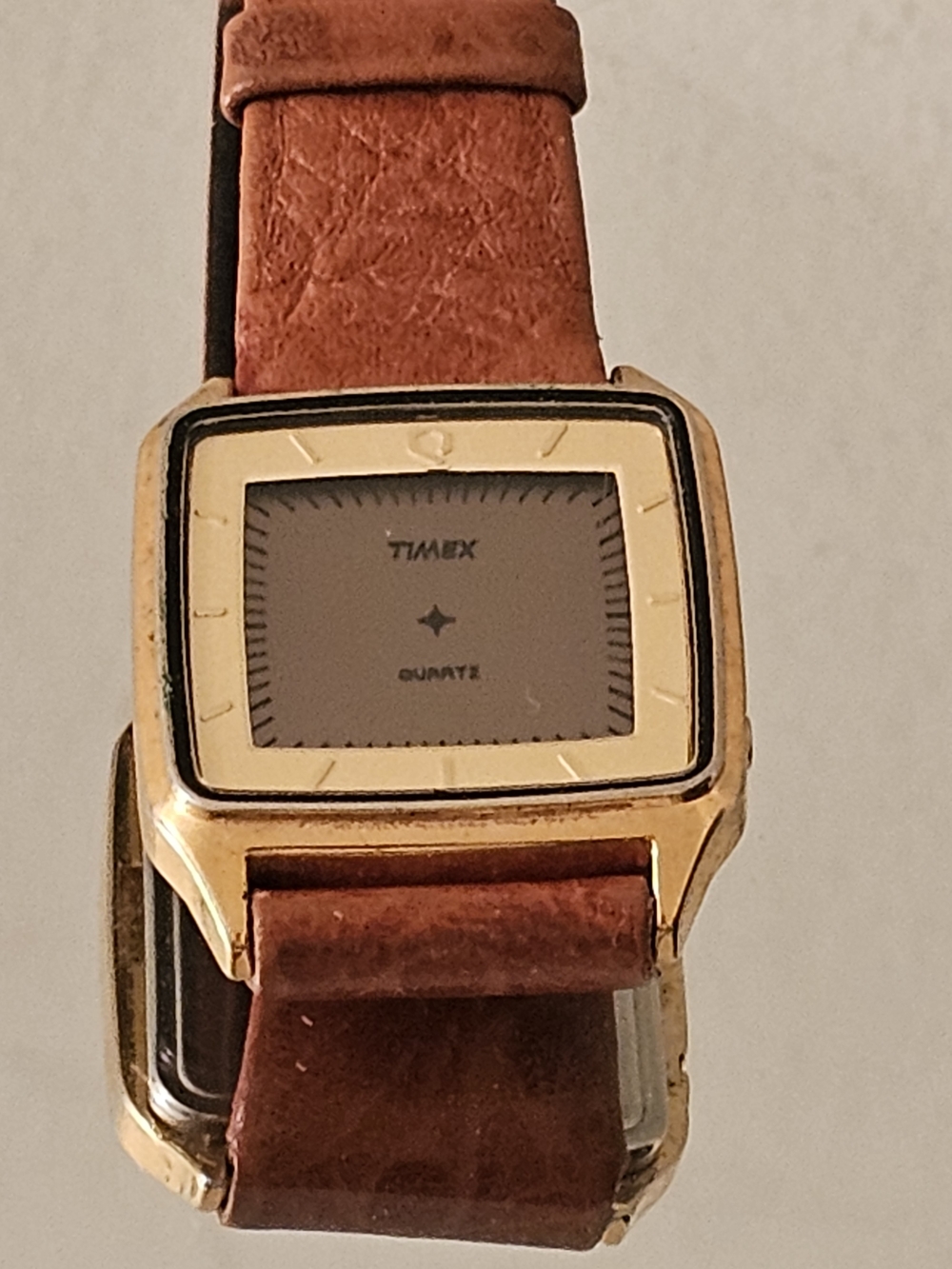 Vintage Timex L Cell Illusion Square Quartz Watch with Brown Leather Strap